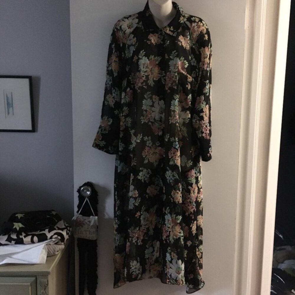 ZARA Black Floral Chiffon Maxi Shirt Dress